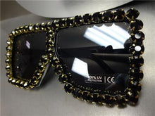 Oversized Retro Shield Style Sunglasses- Black Frame Black Crystals