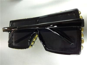 Oversized Retro Shield Style Sunglasses- Black Frame Black Crystals