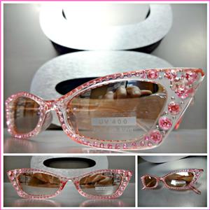 Retro Cat-Eye Style Sunglasses with Rhinestones- Pink Frame