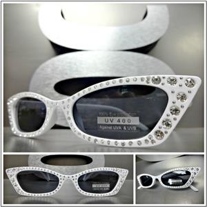Retro Cat-Eye Style Sunglasses with Rhinestones- White Frame