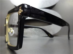 Designer Retro Style Clear Lens Glasses- Black & Gold