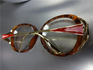 Trendy Vintage Style Clear Lens Glasses- Tortoise Frame / Red, Pink & Green Accents