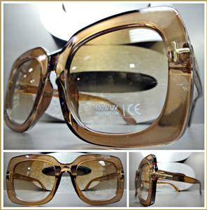 Oversized Square Frame Sunglasses with Gold Accents- Transparent Brown Frame