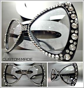 Oversized Bedazzled Bow Shaped Clear Lens Glasses- Black Frame