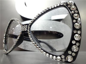 Oversized Bedazzled Bow Shaped Clear Lens Glasses- Black Frame