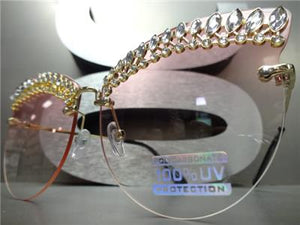 Elegant Blingy Rimless Cat Eye Sunglasses- Pink Lens