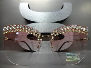 Elegant Blingy Rimless Cat Eye Sunglasses- Pink Lens