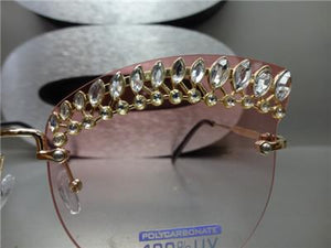 Elegant Blingy Rimless Cat Eye Sunglasses- Pink Lens