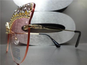 Elegant Blingy Rimless Cat Eye Sunglasses- Pink Lens