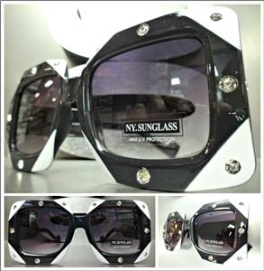 Oversized Square Bedazzled Rhinestone Sunglasses- Black & White