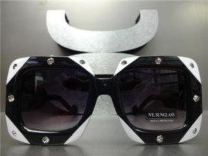 Oversized Square Bedazzled Rhinestone Sunglasses- Black & White