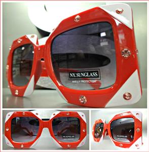 Oversized Square Bedazzled Rhinestone Sunglasses- Red Frame