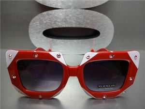 Oversized Square Bedazzled Rhinestone Sunglasses- Red Frame