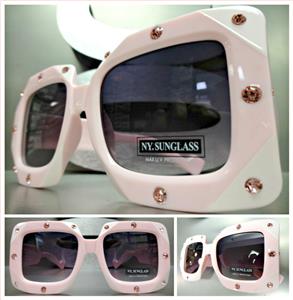 Oversized Square Bedazzled Rhinestone Sunglasses- Pink Frame