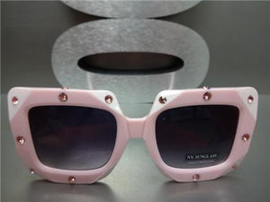 Oversized Square Bedazzled Rhinestone Sunglasses- Pink Frame