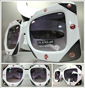 Oversized Square Bedazzled Rhinestone Sunglasses- White / Pink Sparkle