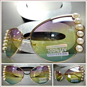 Exotic Cat Eye Frames with Pearl Accent Sunglasses- Purple, Yellow