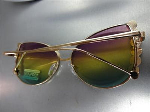 Exotic Cat Eye Frames with Pearl Accent Sunglasses- Purple, Yellow, Green Lens