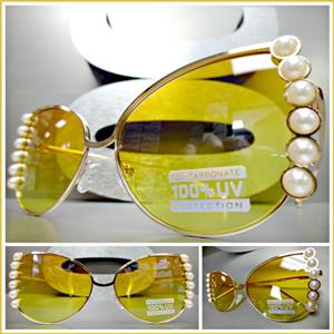 Exotic Cat Eye Frames with Pearl Accent Sunglasses- Orange to Yellow Lens