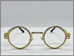LUXURY Bedazzled Round Gold Frame Clear Lens Glasses