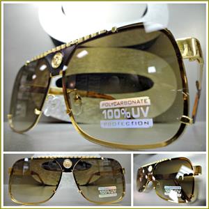 Modern Hip Hop Style Metal Frame Sunglasses- Brown & Gold