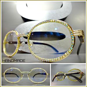 LUXURY Bedazzled Oval Wooden Clear Lens Glasses