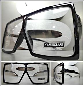 Oversized Square Shield Clear Lens Glasses- Black Frame