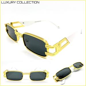 Hip Hop LUXE Rectangle Metal Frame Sunglasses- Black Lens / White Temples