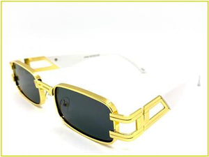 Hip Hop LUXE Rectangle Metal Frame Sunglasses- Black Lens / White Temples