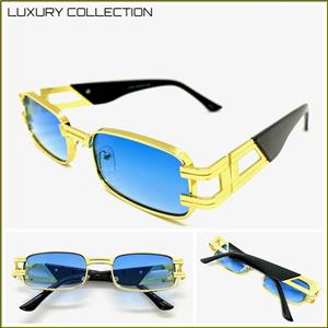 Hip Hop LUXE Rectangle Metal Frame Sunglasses- Blue Lens