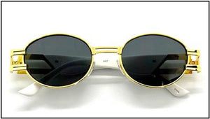 Hip Hop LUXE Oval Metal Frame Sunglasses- Black Lens / White Temples