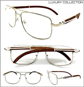 Rectangle Wooden Temple Clear Lens Glasses- Silver Frame