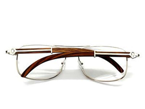 Rectangle Wooden Temple Clear Lens Glasses- Silver Frame