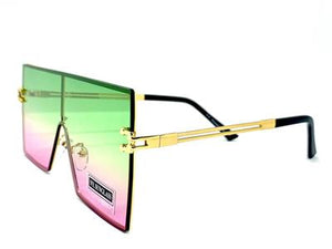 Retro Square Shield Style Sunglasses- Green & Pink