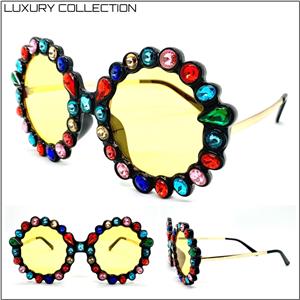 Funky Round Crystal Embellished Sunglasses- Yellow Lens