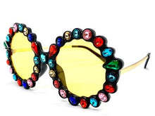 Funky Round Crystal Embellished Sunglasses- Yellow Lens