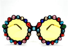 Funky Round Crystal Embellished Sunglasses- Yellow Lens