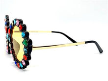 Funky Round Crystal Embellished Sunglasses- Yellow Lens