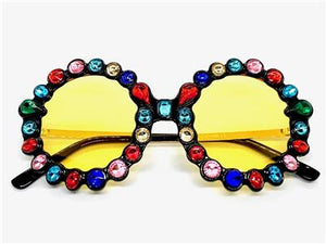 Funky Round Crystal Embellished Sunglasses- Yellow Lens