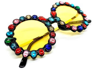 Funky Round Crystal Embellished Sunglasses- Yellow Lens