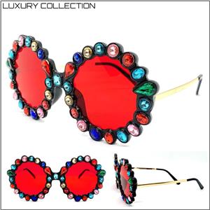 Funky Round Crystal Embellished Sunglasses- Red Lens