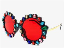Funky Round Crystal Embellished Sunglasses- Red Lens