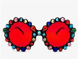 Funky Round Crystal Embellished Sunglasses- Red Lens