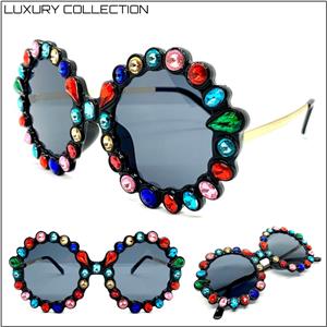 Funky Round Crystal Embellished Sunglasses- Multi Color Crystals / Black Lens