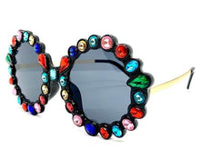 Funky Round Crystal Embellished Sunglasses- Multi Color Crystals / Black Lens
