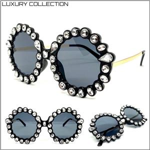 Funky Round Crystal Embellished Sunglasses- Crystal Clear Stones