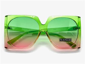 Oversized Classic Vintage Style Square Sunglasses- Neon Green & Pink Frame