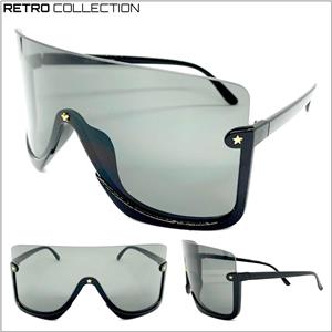 Star Embellished Retro Shield Style Sunglasses- Black Lens