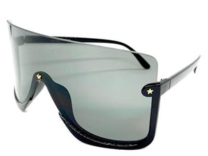 Star Embellished Retro Shield Style Sunglasses- Black Lens