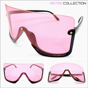 Star Embellished Retro Shield Style Sunglasses- Pink Lens